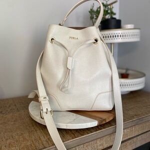 Furla Cream Bucket Bag with Drawstring Closure Gold Hardware